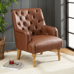 The Furniture Market Chatsworth Tan Brown Faux Leather Deep Button Upholstered Armchair - Natural Oak Hardwood Legs - Comfortable Foam Cushioning - thumbnail 2