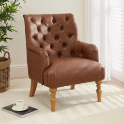 The Furniture Market Chatsworth Tan Brown Faux Leather Deep Button Upholstered Armchair - Natural Oak Hardwood Legs - Comfortable Foam Cushioning
