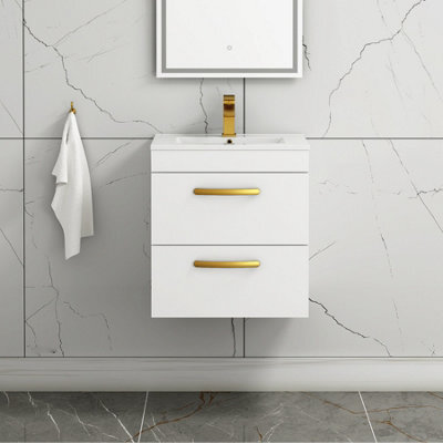 Royal Bathrooms Turin Gloss White 500mm Wall Hung Vanity Unit 2 Drawer With Minimalist Basin Sink & Brushed Brass Handles - image 1