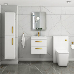 Royal Bathrooms Turin Gloss White 500mm Wall Hung Vanity Unit 2 Drawer With Minimalist Basin Sink & Brushed Brass Handles - thumbnail 4