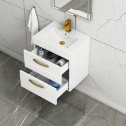 Royal Bathrooms Turin Gloss White 500mm Wall Hung Vanity Unit 2 Drawer With Minimalist Basin Sink & Brushed Brass Handles - thumbnail 5