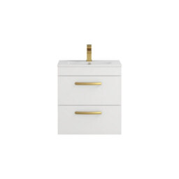 Royal Bathrooms Turin Gloss White 500mm Wall Hung Vanity Unit 2 Drawer With Minimalist Basin Sink & Brushed Brass Handles - thumbnail 6