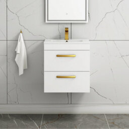 Royal Bathrooms Turin Gloss White 500mm Wall Hung Vanity Unit 2 Drawer With Minimalist Basin Sink & Brushed Brass Handles