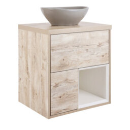 Homestylestore Light Oak 594mm Wall Hung Bathroom Vanity Unit Oval Pebble Countertop Basin Open Shelf