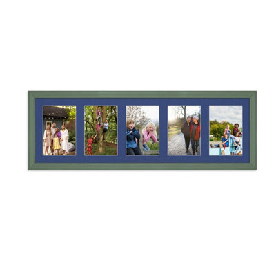 AK Frames 26X8 Green Classic Multi Photo Frame With Blue Mount - Holds 5 Apertures (5X) 6X4 Photos - image 1