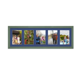 AK Frames 26X8 Green Classic Multi Photo Frame With Blue Mount - Holds 5 Apertures (5X) 6X4 Photos - thumbnail 1