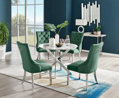 Furniturebox Uk Novara White Marble Round Dining Table & 4 Green Belgravia Chairs - image 1