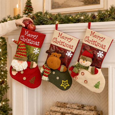 CLEFFNS 3 Pack 18.5 Inch Large Christmas Stockings, Reindeer Snowman Santa Claus Xmas Stockings With 3D Plush Applique, Candy Bag For Kids