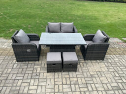 Fimous Wicker Pe Rattan Furniture Garden Dining Set Outdoor Patio Height Adjustable Rising Lifting Table With Footstools - thumbnail 2
