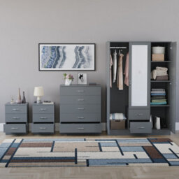 Lassic Vida Designs Riano 4 Piece Bedroom Set (3 Drawer Bedside Chest, 5 Drawer Chest, 3 Door 2 Drawer Mirrored Wardrobe), Grey - thumbnail 2