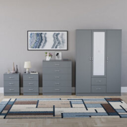 Lassic Vida Designs Riano 4 Piece Bedroom Set (3 Drawer Bedside Chest, 5 Drawer Chest, 3 Door 2 Drawer Mirrored Wardrobe), Grey - thumbnail 7