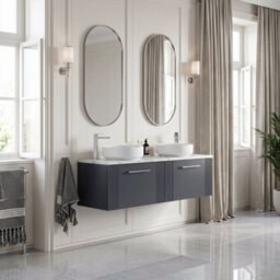 Balterley Belvide Partial Fluted 2 Drawer Wall Hung Vanity Unit With Carrera Marble Laminate Worktop - 1200mm - Satin Soft Black - thumbnail 4