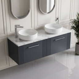 Balterley Belvide Partial Fluted 2 Drawer Wall Hung Vanity Unit With Carrera Marble Laminate Worktop - 1200mm - Satin Soft Black - thumbnail 3