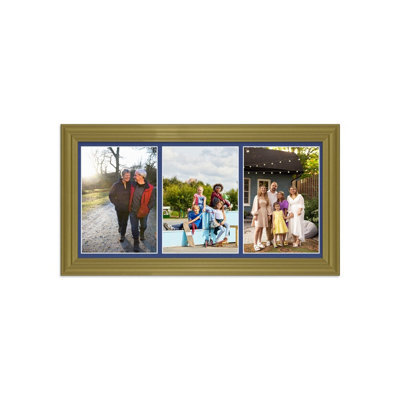 AK Frames 16X8 Gold Classic Multi Photo Frame With Blue Mount - Holds 3 Apertures (3X) 7X5 Photos - image 1