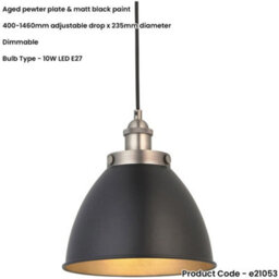Loops Hanging Ceiling Pendant Light - Small - Aged Pewter Plate & Matt Black Paint - 10W Led E27 - thumbnail 2