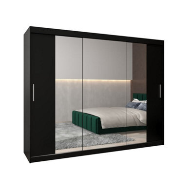Arte Tokyo 02 Contemporary Mirrored 3 Sliding Door Wardrobe 9 Shelves 2 Rails Black Matt (H)2000mm (W)2500mm (D)620mm - image 1