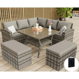 Rosen 9 Seater Rattan Garden Furniture Cube Dining Set In Grey No Rain Cover