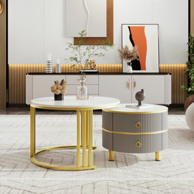 Matteo 2-In-1 Modern Nesting Coffee Table Set With Storage - White & Grey Marble Effect - image 1