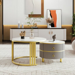 Matteo 2-In-1 Modern Nesting Coffee Table Set With Storage - White & Grey Marble Effect - thumbnail 1