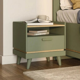 Arte Scandi Green & Oak Bedside Table - Modern 1 Drawer Nightstand With Open Shelf W50 X H51 X D40Cm