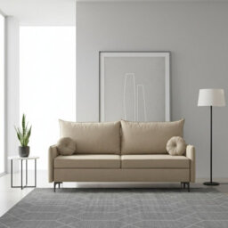 Leon M Upholstered Sofa Bed With Dl Sleeping Function Bedding Storage Metal Legs 216X96X101 Cm 200X140 Cm Beige - thumbnail 2