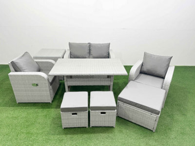 Fimous Light Grey Pe Wicker Rattan Garden Furniture Set Reclining Chair Rectangular Dining Table 7 Seater 3 Stools Side Table - image 1