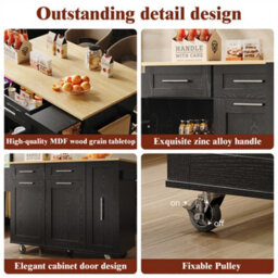 Abrihome Modern Kitchen Island On Wheels, Wood Grain Finish With Snack Shelves & Extendable Storage, Mobile Buffet Cabinet, Black - thumbnail 3