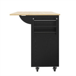 Abrihome Modern Kitchen Island On Wheels, Wood Grain Finish With Snack Shelves & Extendable Storage, Mobile Buffet Cabinet, Black - thumbnail 6