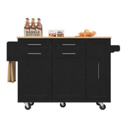 Abrihome Modern Kitchen Island On Wheels, Wood Grain Finish With Snack Shelves & Extendable Storage, Mobile Buffet Cabinet, Black - thumbnail 9