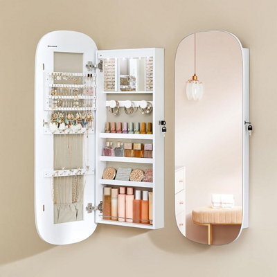 Songmics Mirror With Storage, Led Mirror Jewellery Cabinet Wall/door Mounted, Lockable Wide Mirror Cabinet, White & Greige Lining - image 1