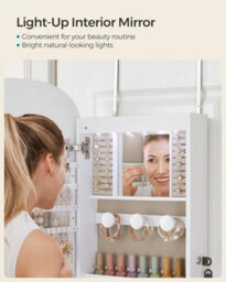 Songmics Mirror With Storage, Led Mirror Jewellery Cabinet Wall/door Mounted, Lockable Wide Mirror Cabinet, White & Greige Lining - thumbnail 7