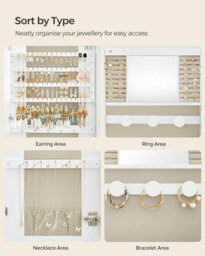 Songmics Mirror With Storage, Led Mirror Jewellery Cabinet Wall/door Mounted, Lockable Wide Mirror Cabinet, White & Greige Lining - thumbnail 6
