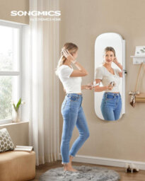 Songmics Mirror With Storage, Led Mirror Jewellery Cabinet Wall/door Mounted, Lockable Wide Mirror Cabinet, White & Greige Lining - thumbnail 3