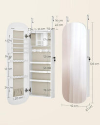 Songmics Mirror With Storage, Led Mirror Jewellery Cabinet Wall/door Mounted, Lockable Wide Mirror Cabinet, White & Greige Lining - thumbnail 2