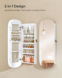 Songmics Mirror With Storage, Led Mirror Jewellery Cabinet Wall/door Mounted, Lockable Wide Mirror Cabinet, White & Greige Lining - thumbnail 8