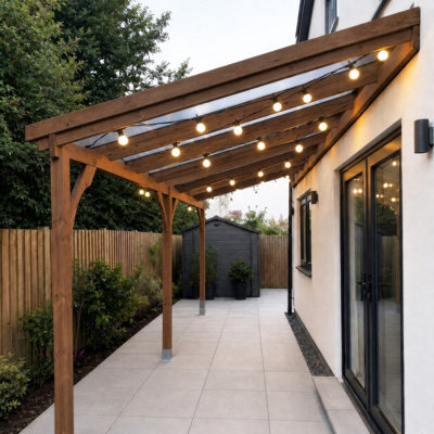 Rutland County Garden Furniture Wall Mounted Polycarbonate Roof Gazebo - Rustic Brown - 3M Depth X 4.34M Width - 3 Posts / Brown Glazing Bars / Opal Sheets - image 1