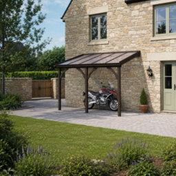 Rutland County Garden Furniture Wall Mounted Polycarbonate Roof Gazebo - Rustic Brown - 3M Depth X 4.34M Width - 3 Posts / Brown Glazing Bars / Opal Sheets - thumbnail 3