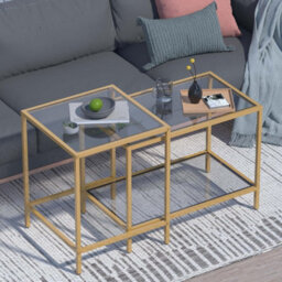 Huhote Modern Two Piece Nesting Side Tables With Gold Metal Frame And Glass Top Diameter 60 40 Cm Coffee Table End Table For Home