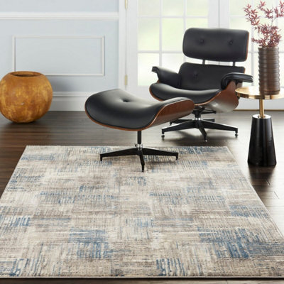 Ivory Grey Blue Abstarct Modern Rug Easy To Clean Living Room Bedroom And Dining Room-69 X 221Cm (Runner)