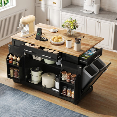 Matteo Large 138Cm Kitchen Island On Wheels With Folding Worktop, Power Outlet & Bin Storage - Black & Natural - image 1