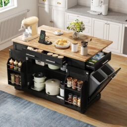 Matteo Large 138Cm Kitchen Island On Wheels With Folding Worktop, Power Outlet & Bin Storage - Black & Natural - thumbnail 1