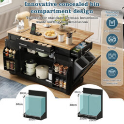 Matteo Large 138Cm Kitchen Island On Wheels With Folding Worktop, Power Outlet & Bin Storage - Black & Natural - thumbnail 3