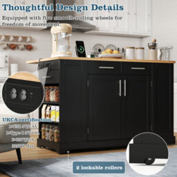 Matteo Large 138Cm Kitchen Island On Wheels With Folding Worktop, Power Outlet & Bin Storage - Black & Natural - thumbnail 6