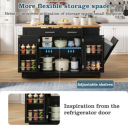 Matteo Large 138Cm Kitchen Island On Wheels With Folding Worktop, Power Outlet & Bin Storage - Black & Natural - thumbnail 5