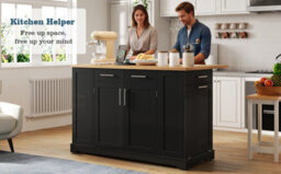 Matteo Large 138Cm Kitchen Island On Wheels With Folding Worktop, Power Outlet & Bin Storage - Black & Natural - thumbnail 9