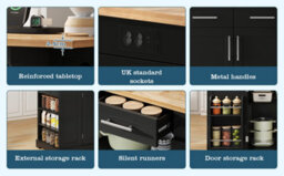 Matteo Large 138Cm Kitchen Island On Wheels With Folding Worktop, Power Outlet & Bin Storage - Black & Natural - thumbnail 8
