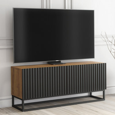 Tv Unit Ripple 100Cm - Oak & Black Fluted Doors - image 1