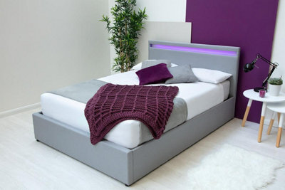 Stanlake Led Headboard Grey Fabric Gas Lift Ottoman Storage King Size Bed Frame 5Ft