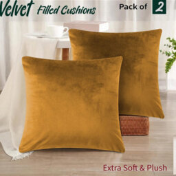 Ameha Ochre Plain Velvet Cushions Set, 18X18 Inch, Includes 2 Filled Cushions & 2 Covers, Breathable & Anti Allergic