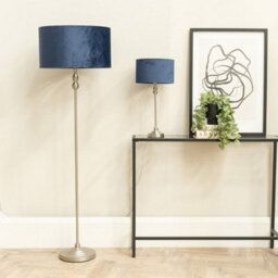 Valuelights Maggie Brushed Chrome Candlestick Slim Table Lamp With Navy Blue Velvet Drum Lamp Shade - thumbnail 2